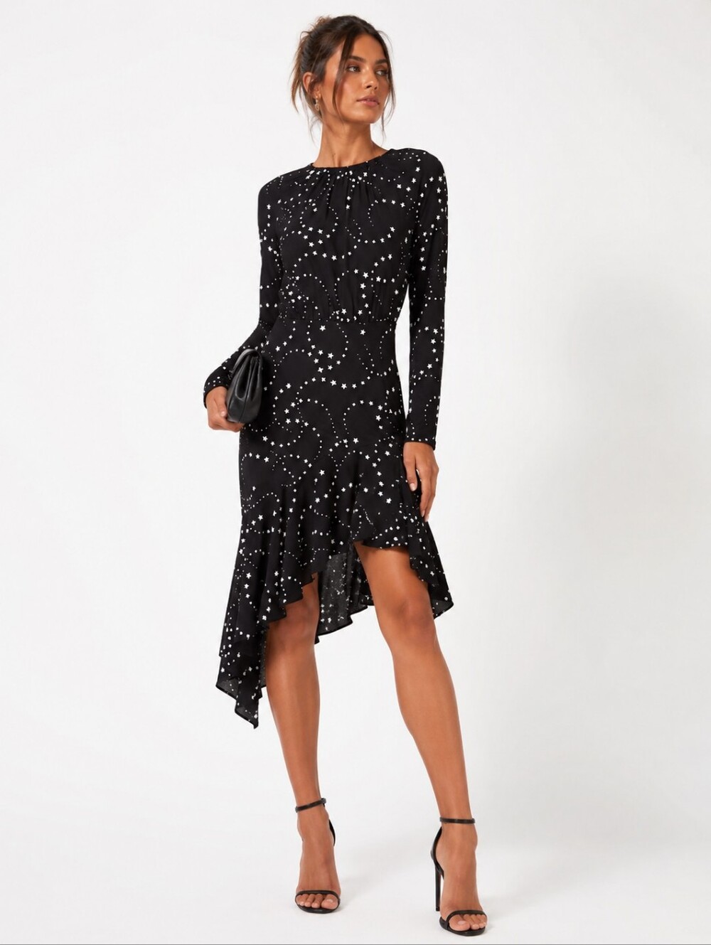 Maje Retoile Black Stars Print Long Sleeve Asymmetric Ruffle Dress Size S